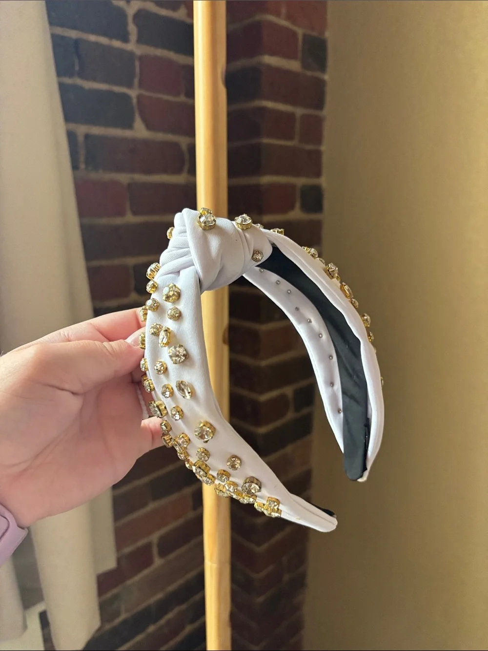 White Crystal-Embellished Knotted Headband with Gold Accents